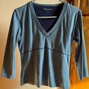 Sportif pale blue and navy 3/4 sleeve top with shelf bra